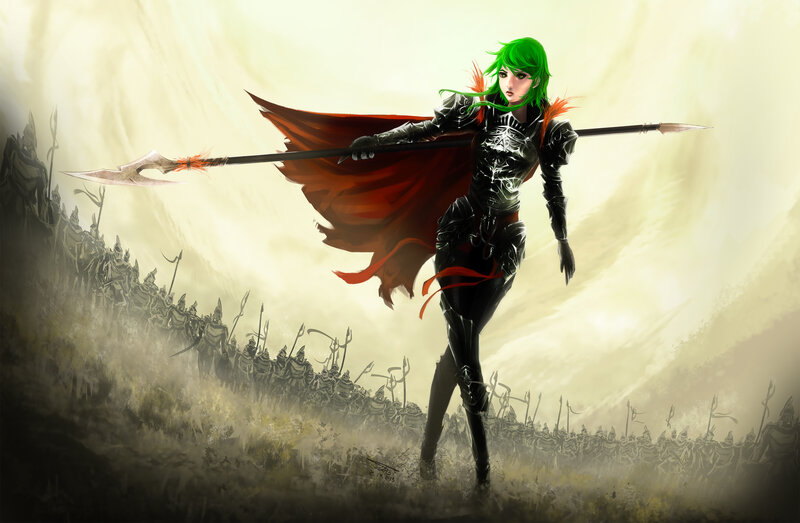 Green-haired Warrior Woman — Black