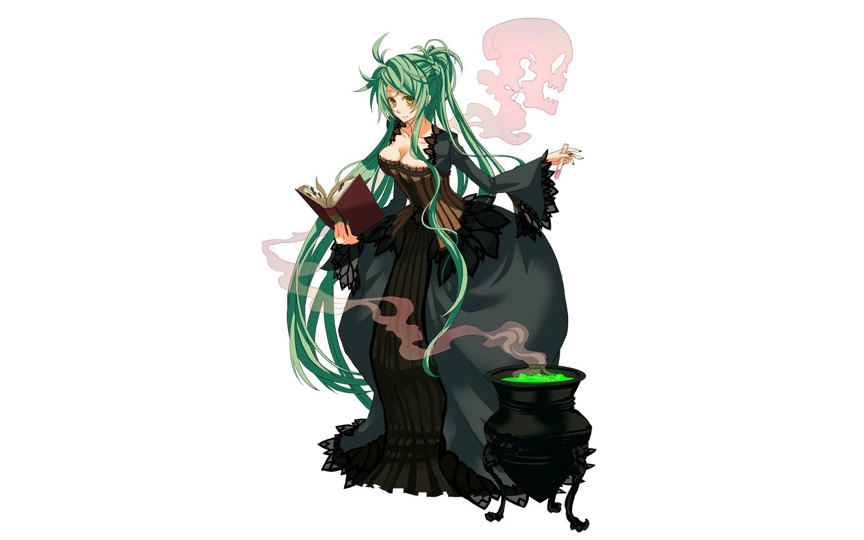green-haired witch with cauldron