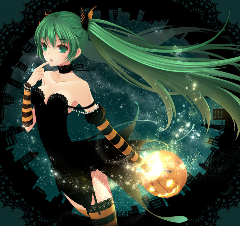 green-haired witch with pumpkin