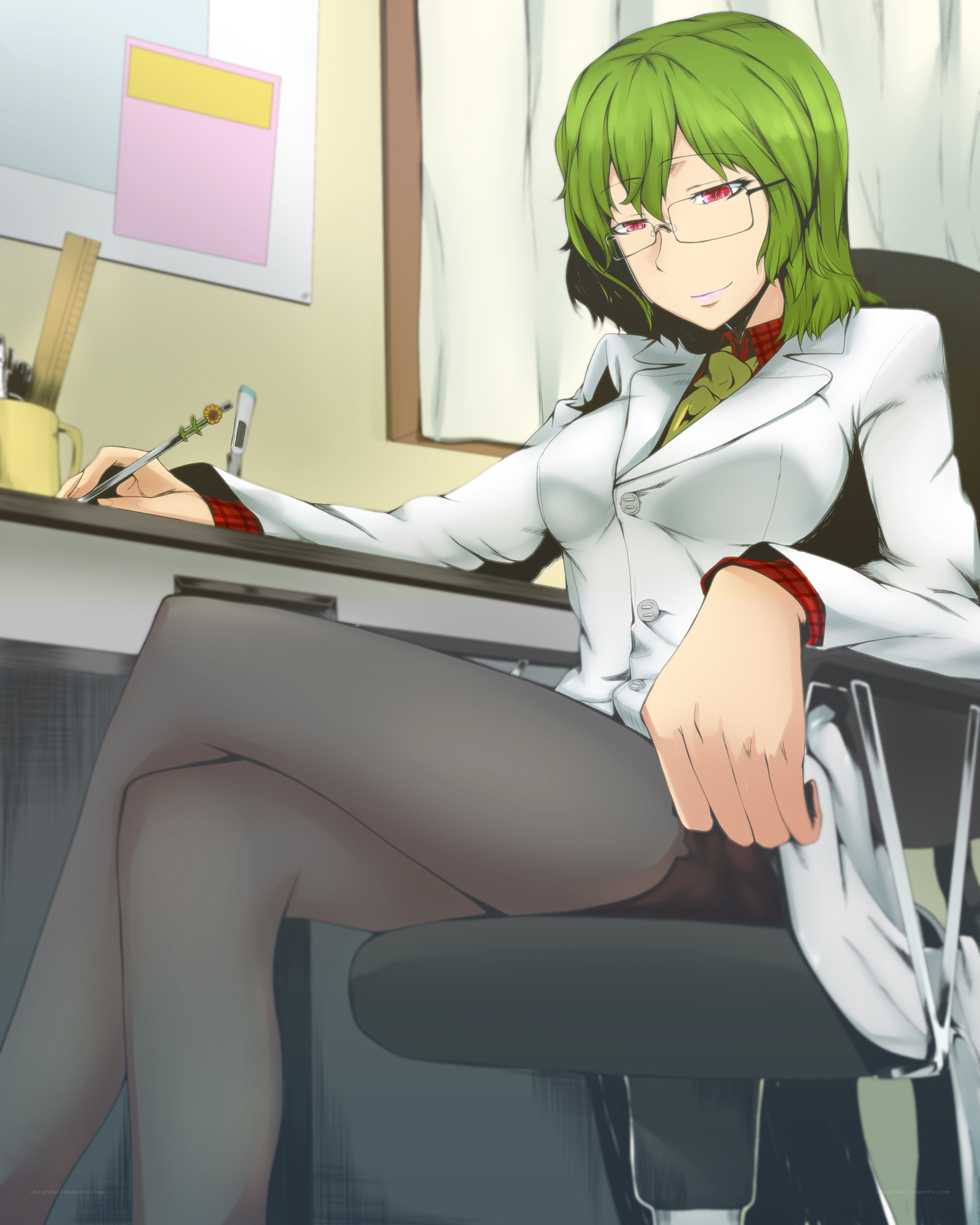 green-haired woman at desk