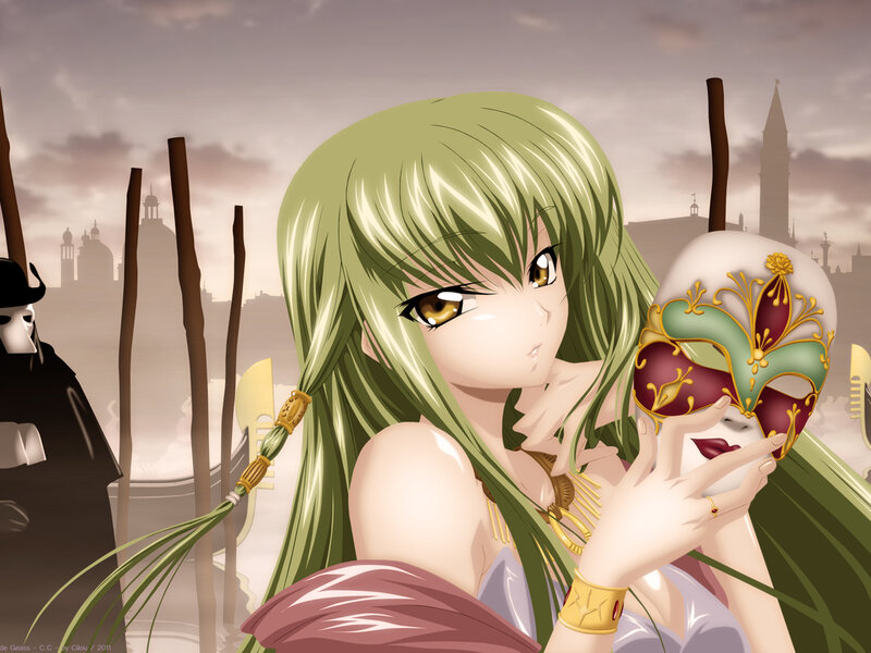 Green-haired Woman Holding Mask — Green, Dramatic, Anime