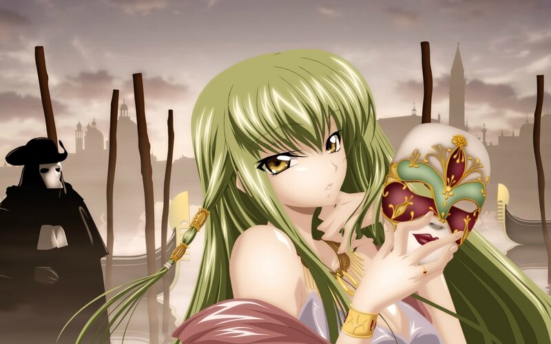 Green-haired Woman Holding Mask — Green, Dramatic