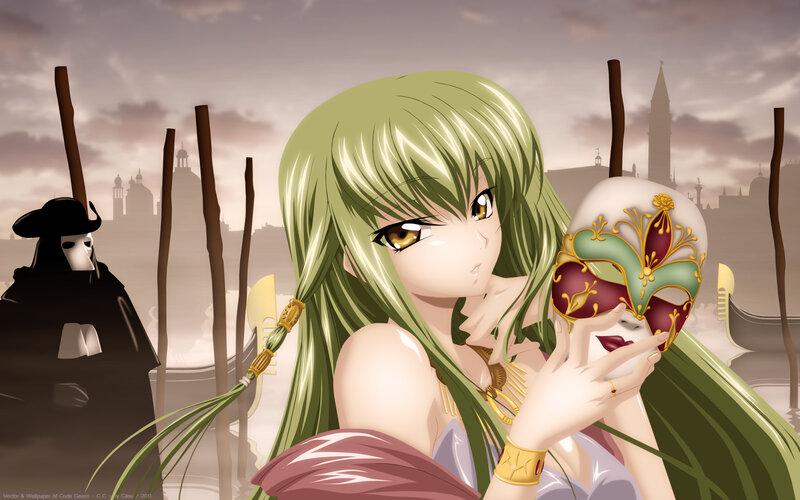 Green-haired Woman Holding Mask