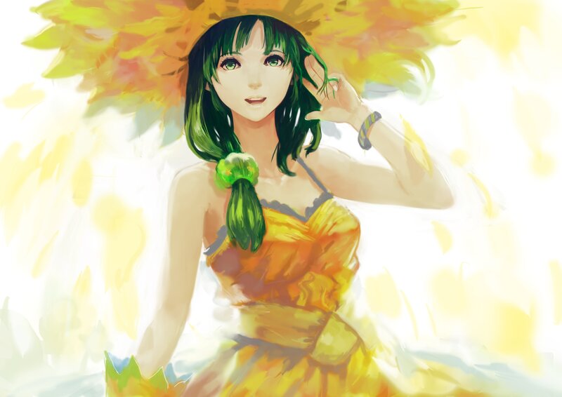 Green-haired Woman in Dress — Yellow, Bright, Cheerful