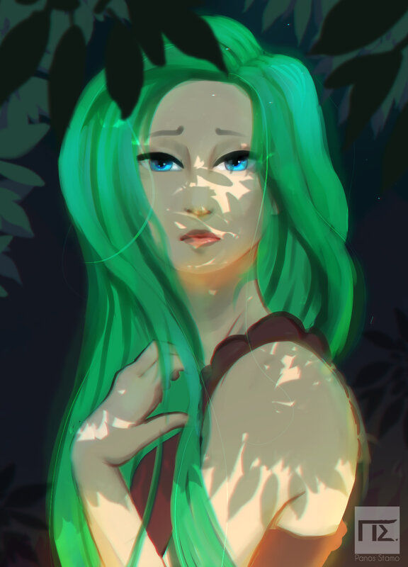 Green-haired Woman in Forest — Green