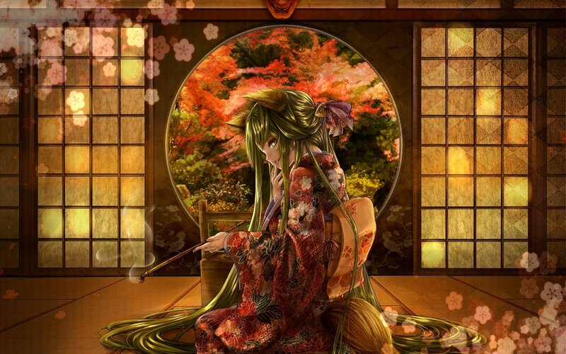 Green-haired Woman in Kimono — Red