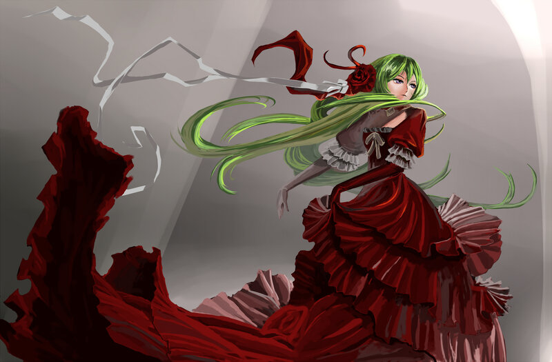Green-haired Woman in Red Dress — Dramatic