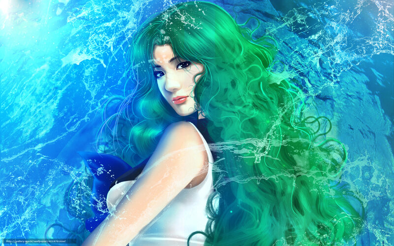 green-haired woman in water