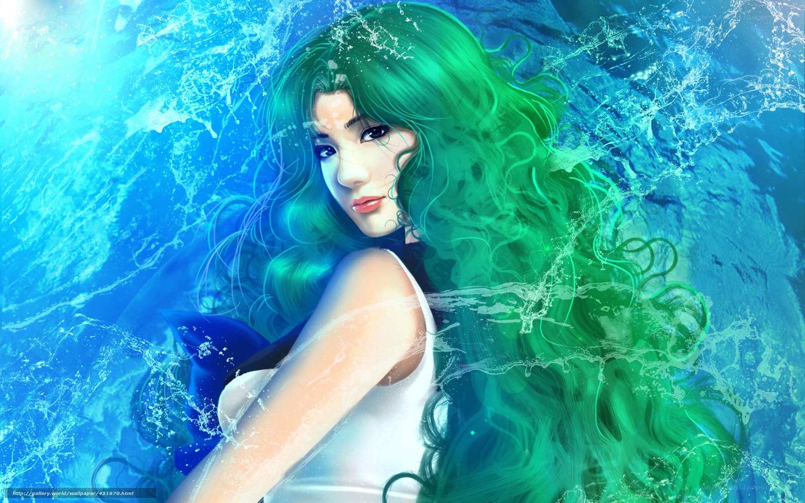 green-haired woman in water