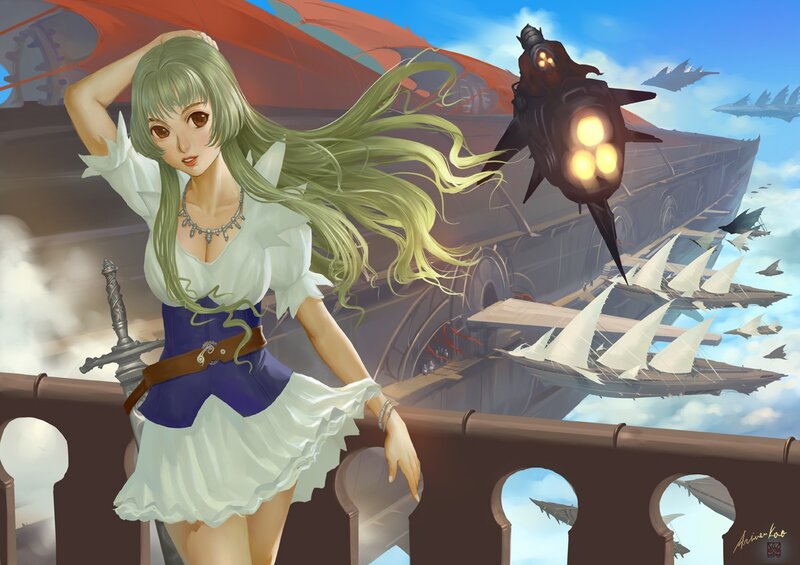 Green-haired woman on airship deck