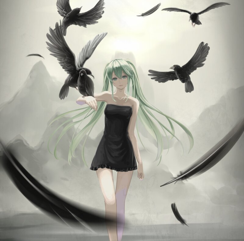 Green-haired Woman with Crows