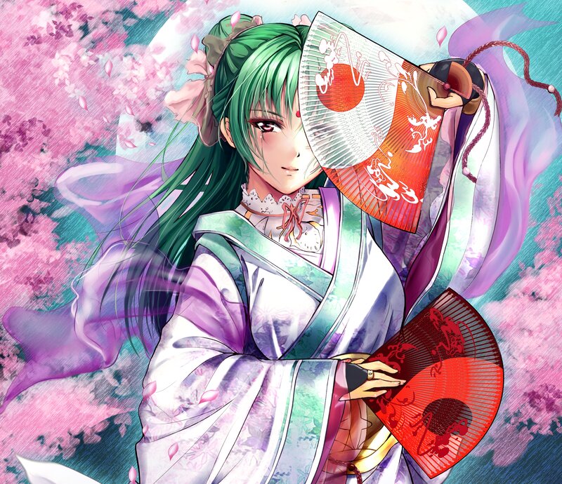 Green-haired Woman with Fans