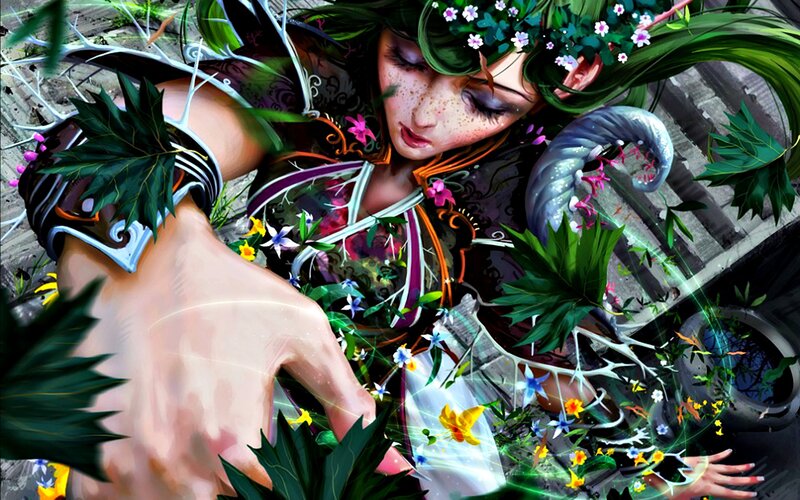 Green-haired Woman with Flowers — Green