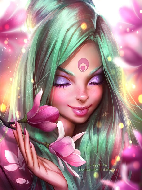 Green-haired Woman with Flowers — Pink