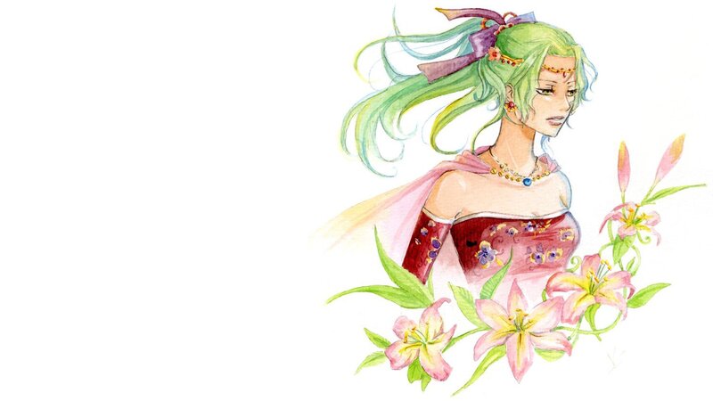 green-haired woman with flowers