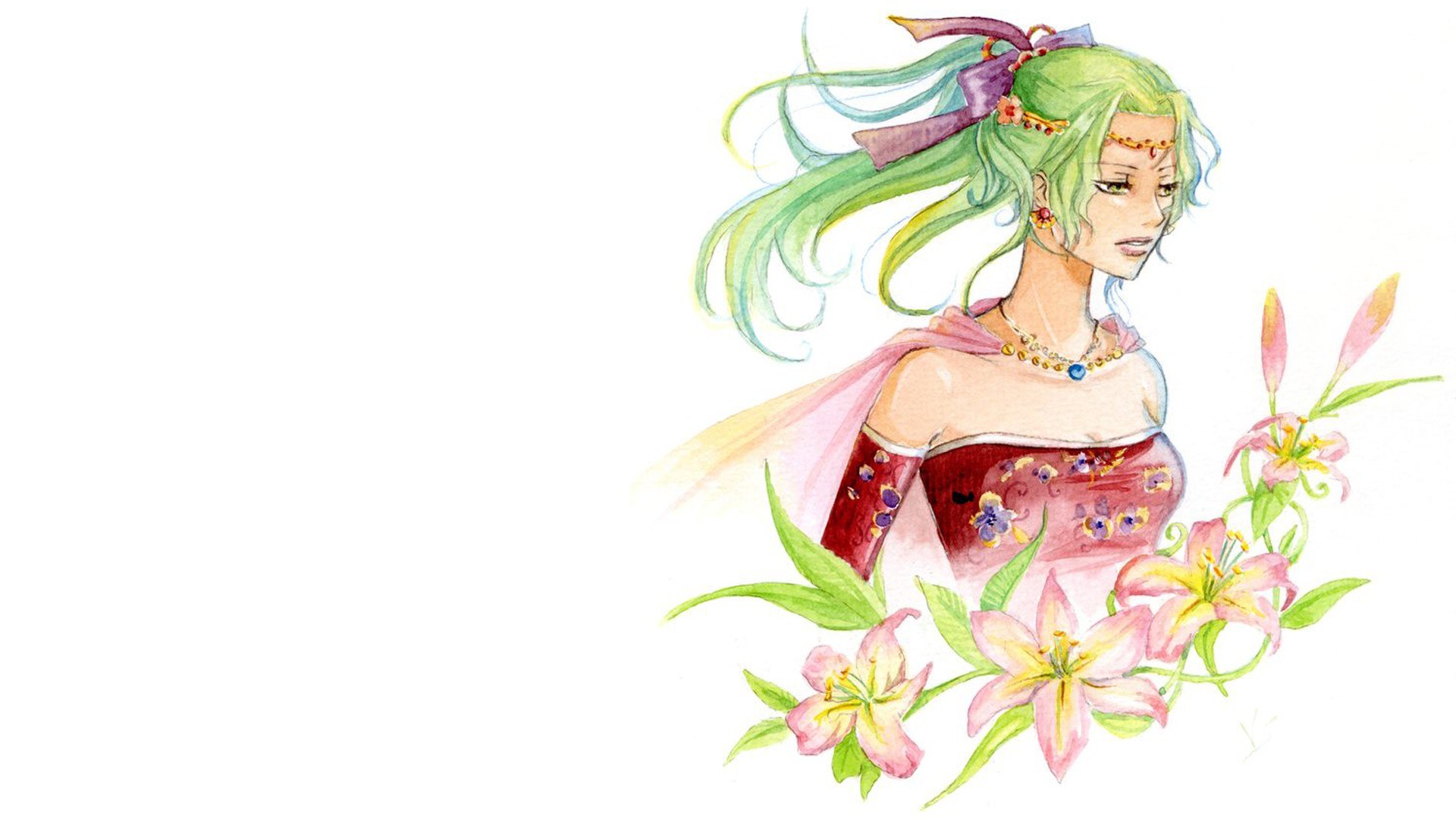 green-haired woman with flowers