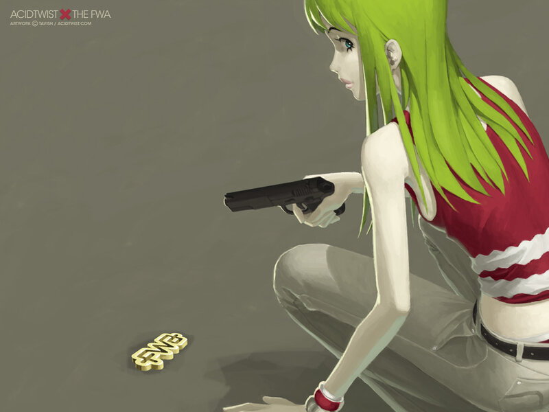 Green-haired woman with gun