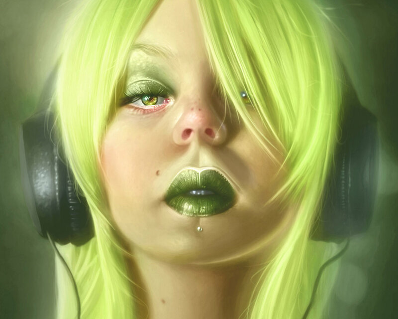 green-haired woman with headphones