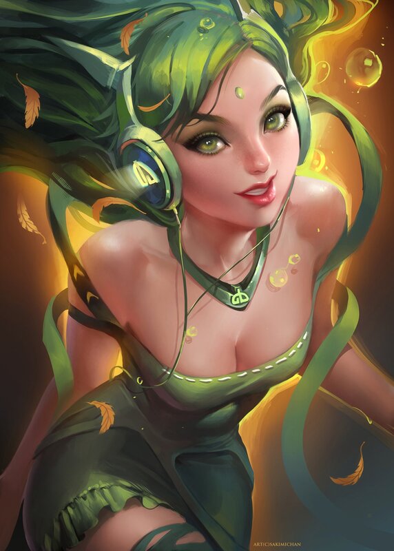 green-haired woman with headphones