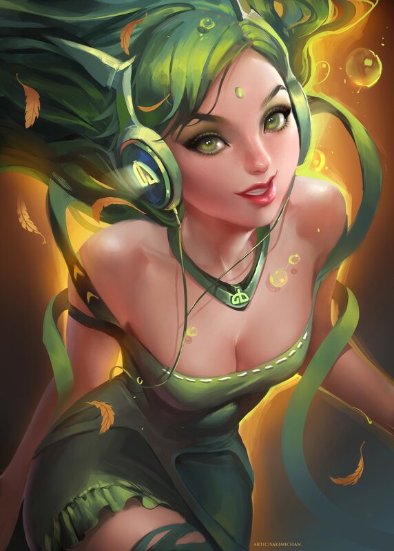 green-haired woman with headphones