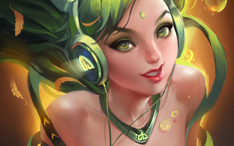 Green-haired Woman with Headphones — Green, Calm