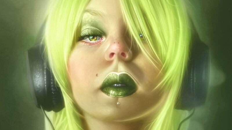 green-haired woman with headphones