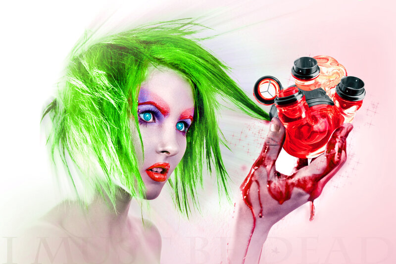 green-haired woman with mechanical heart