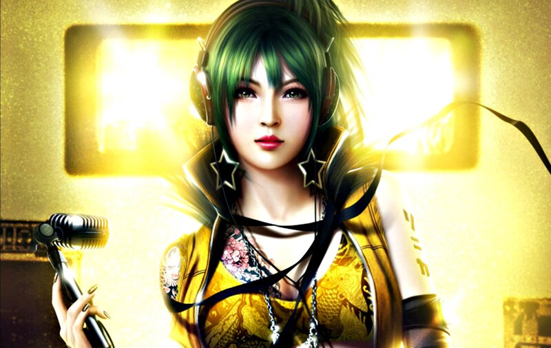 Green-haired Woman with Microphone — Yellow, Dramatic