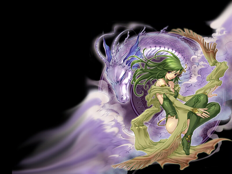 green-haired woman with purple dragon