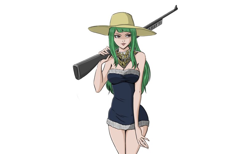 green-haired woman with rifle