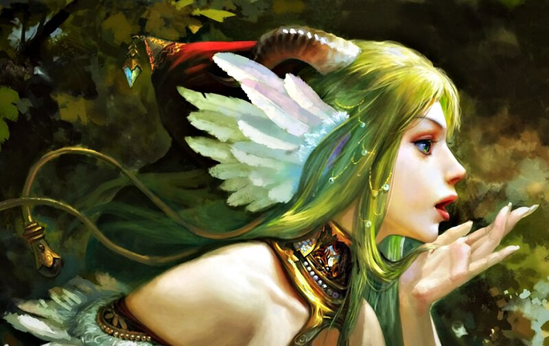 Green-haired Woman with Wings — Green, Serene