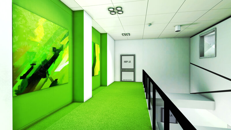 Green hallway with artwork