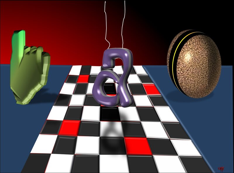 Green Hand on Checkered Floor