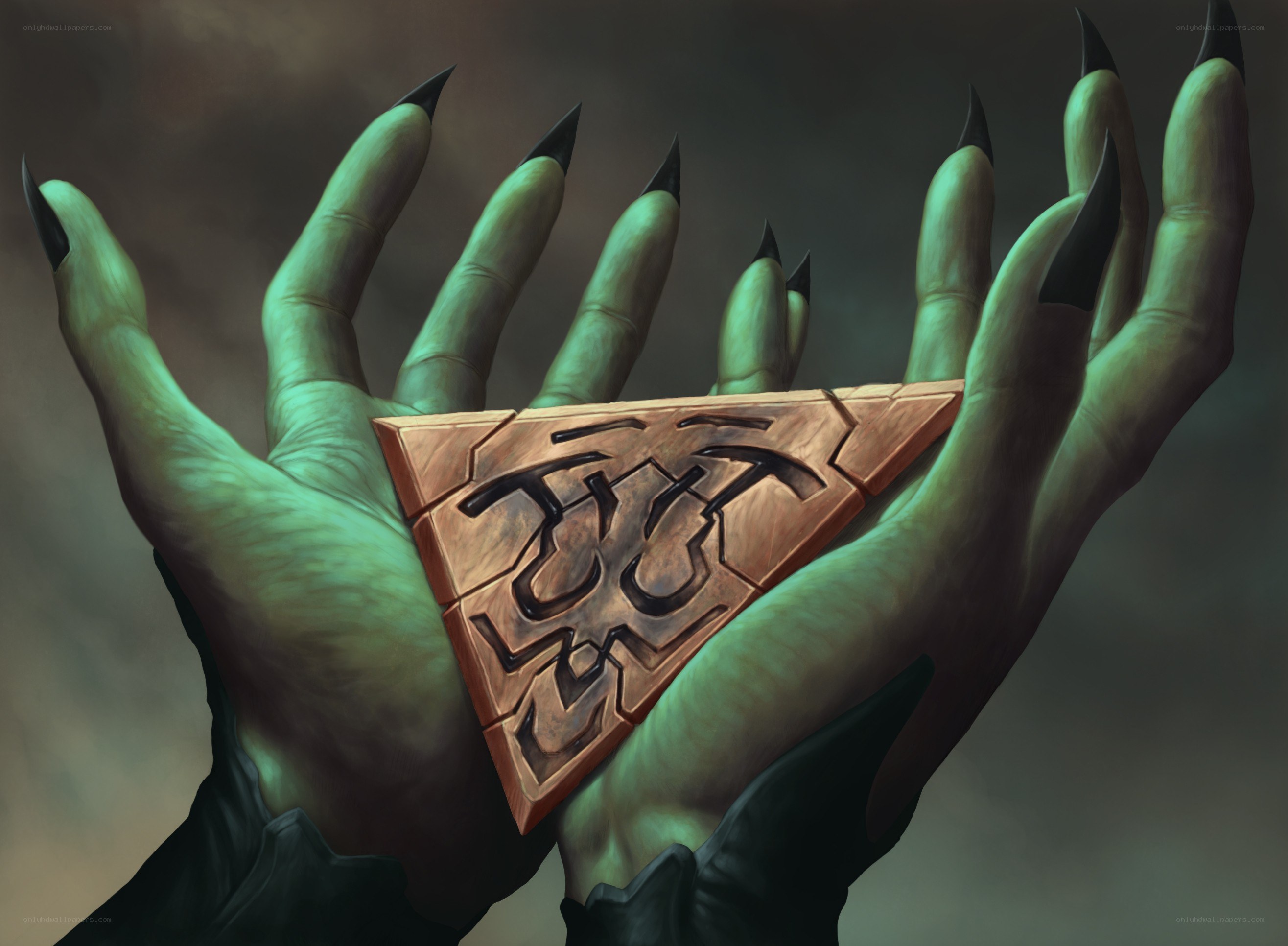 green hands holding a trident