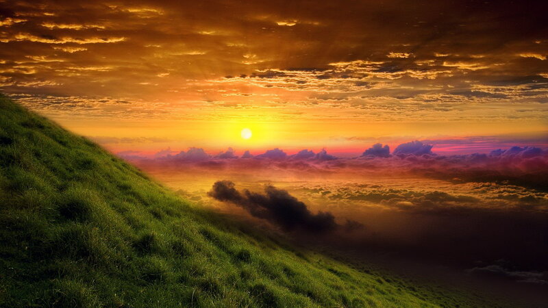 Green Hill at Sunset — Orange, Dramatic, Photograph