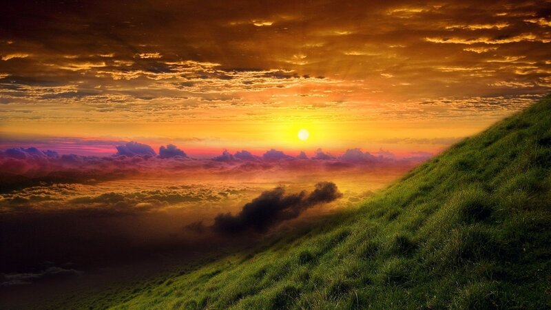 Green Hill at Sunset — Orange, Dramatic