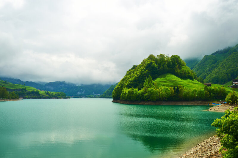 Green Hill by Lake — Serene