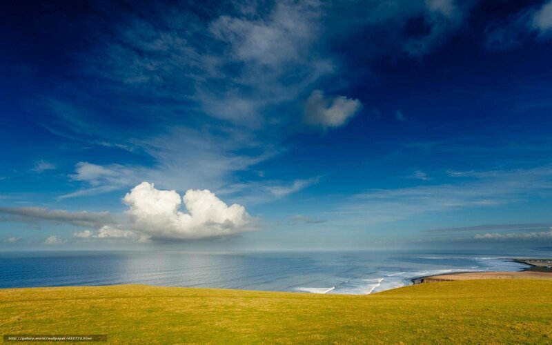 Green Hill Overlooking Ocean — Blue, Serene