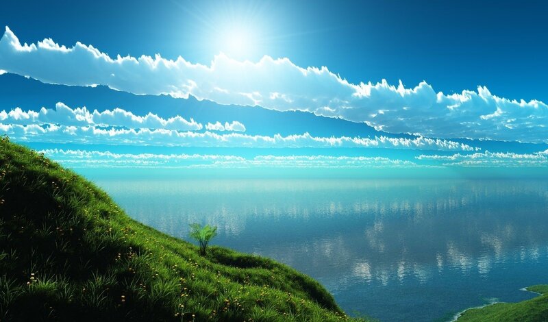 Green Hill Overlooking Sea — Blue, Serene, Afternoon