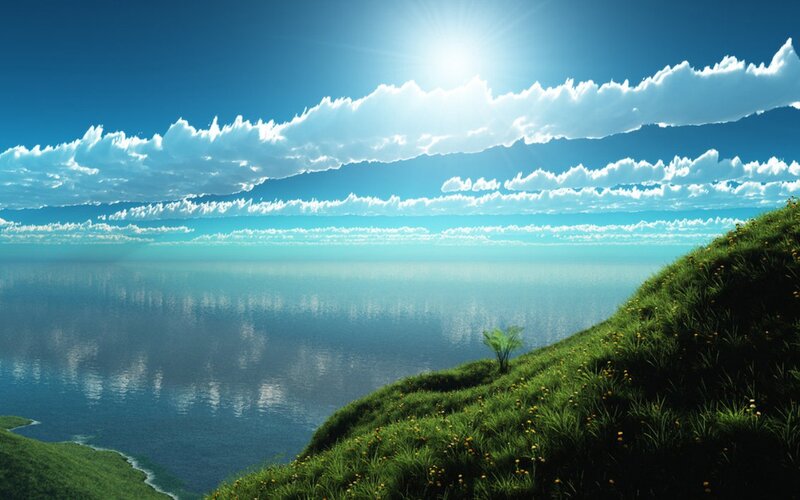 Green Hill Overlooking Sea — Blue, Serene