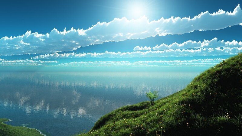 Green Hill Overlooking Sea — Blue