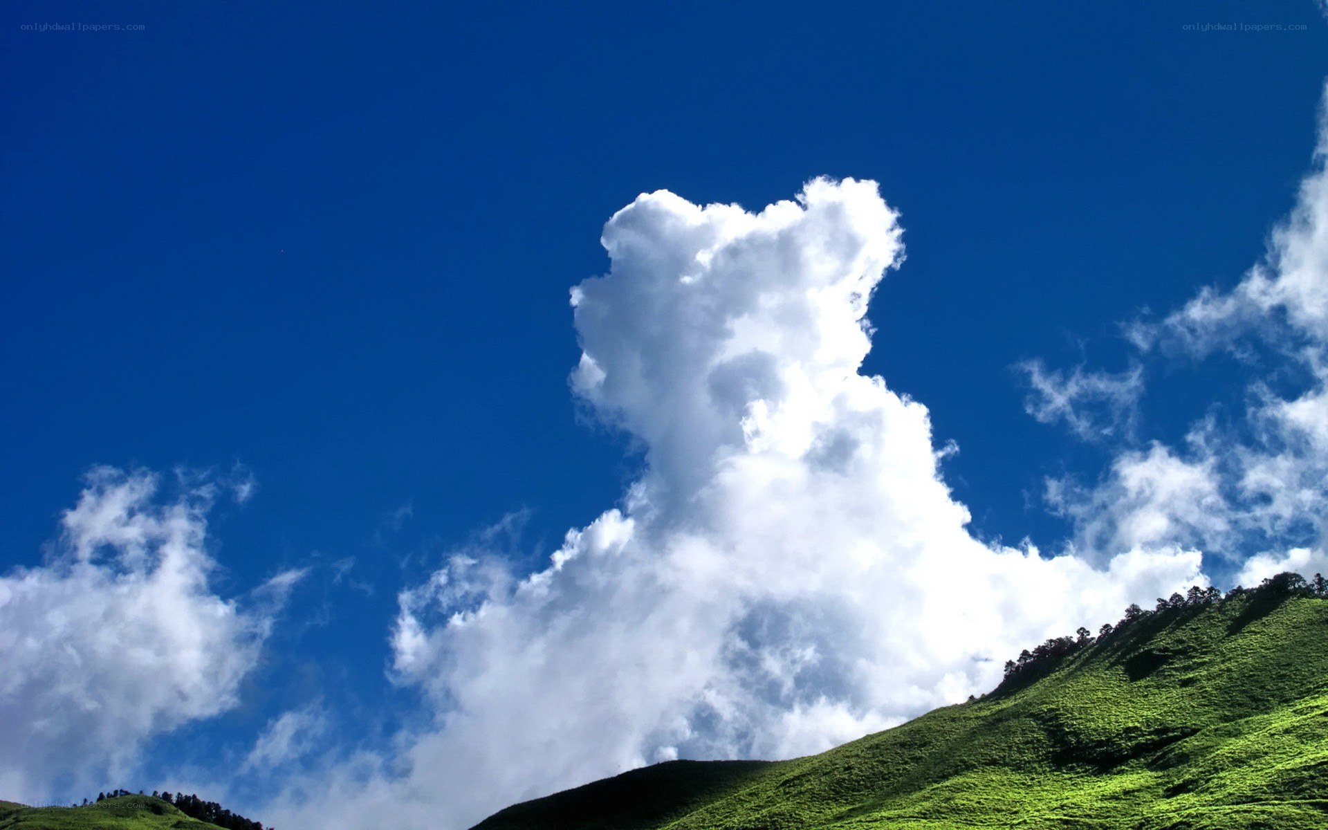 Green hill under blue sky