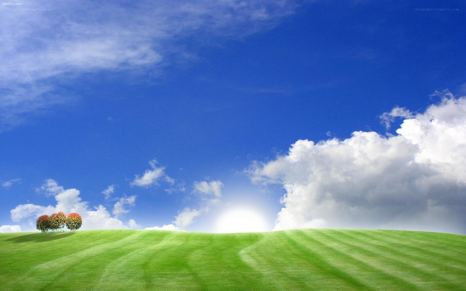 Green hill under blue sky