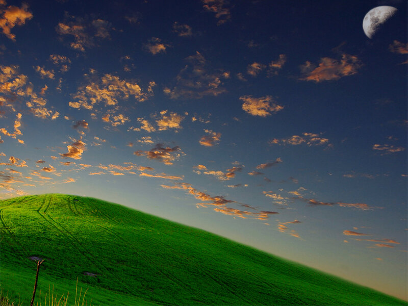 Green Hill under Moon — Serene, Sunset