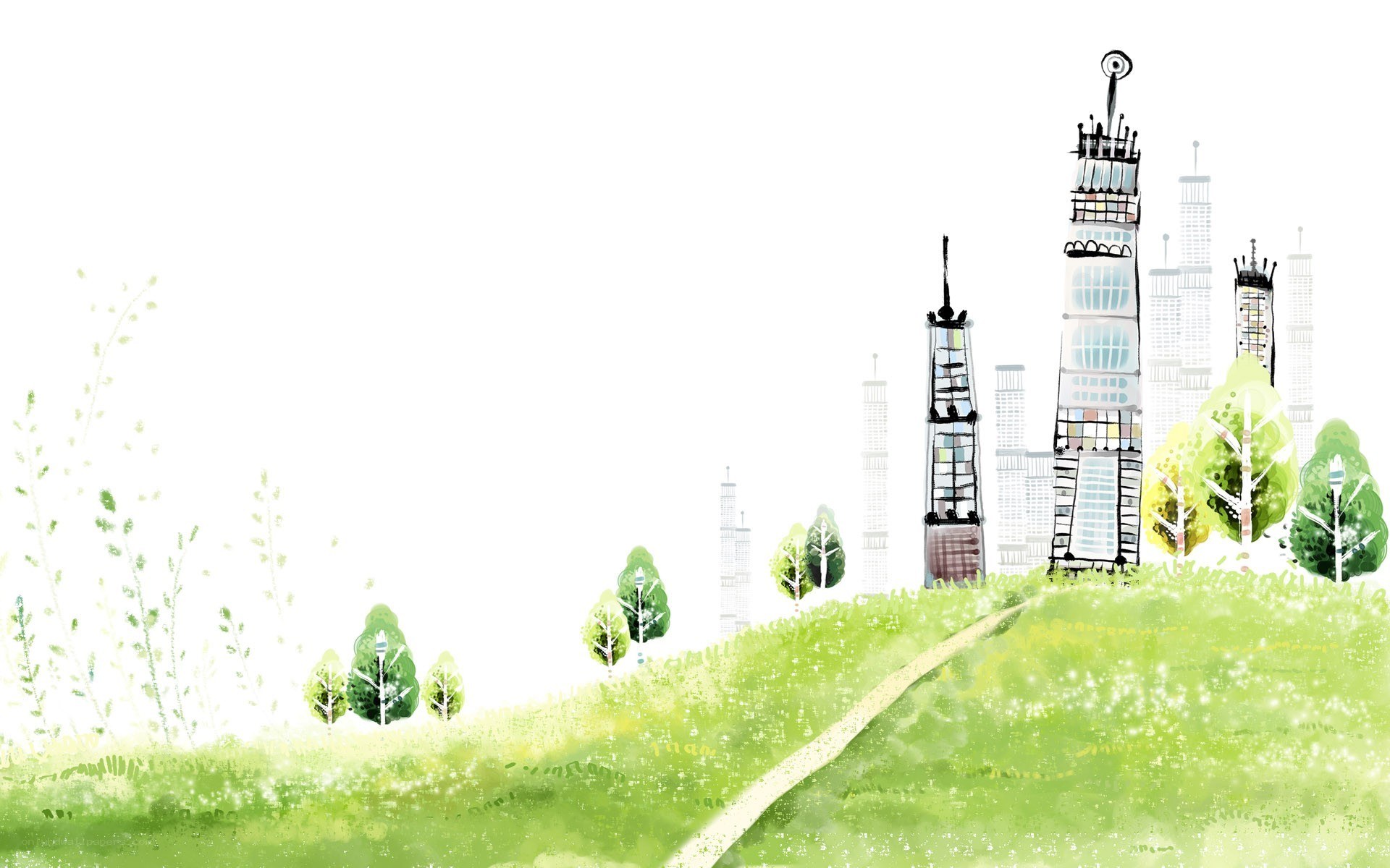 green hill with futuristic city