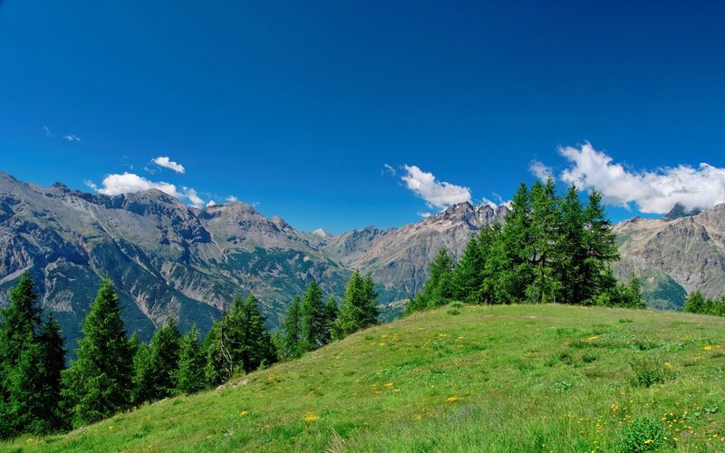 Green Hill with Mountains — Blue