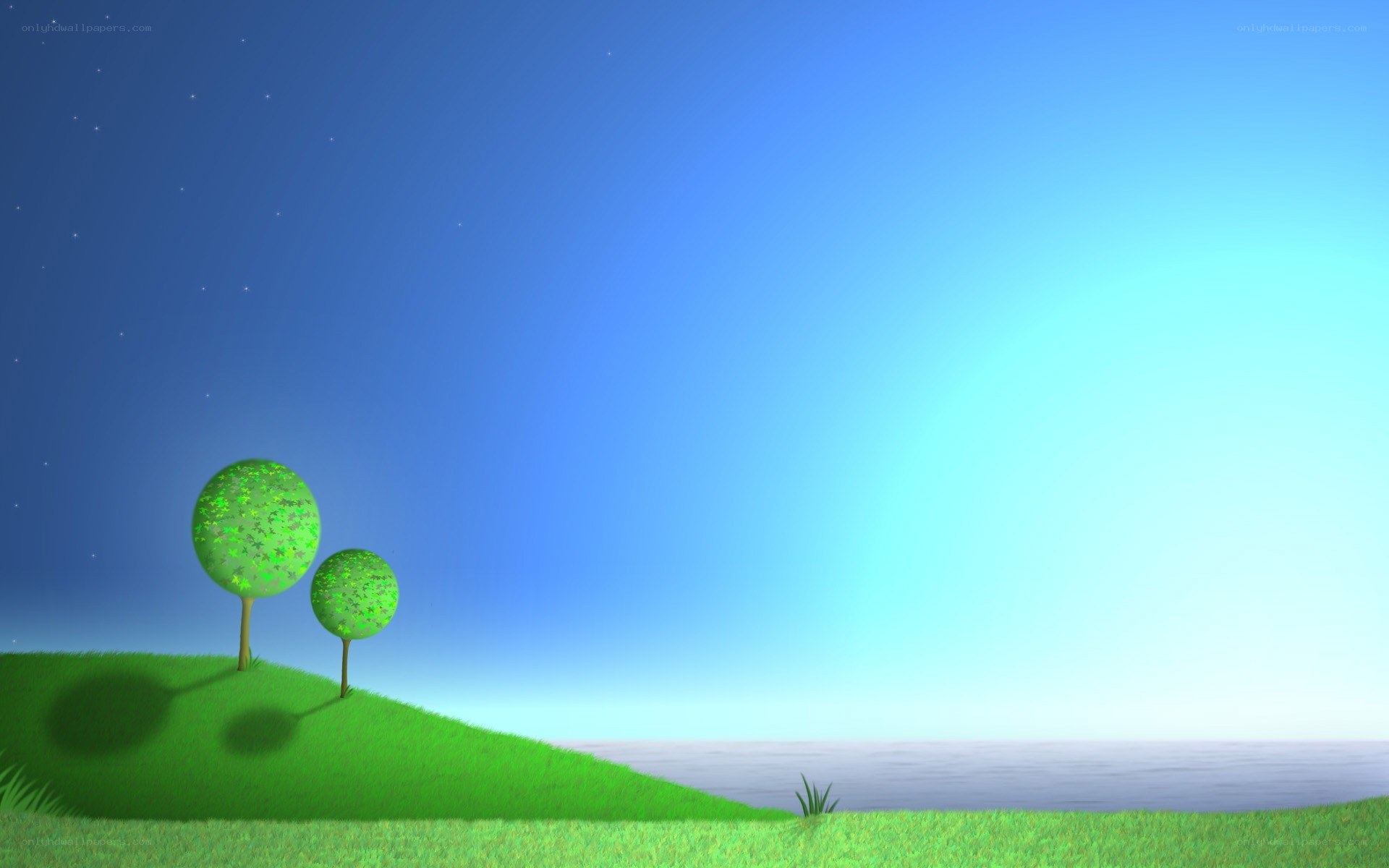 green hill with trees at dusk