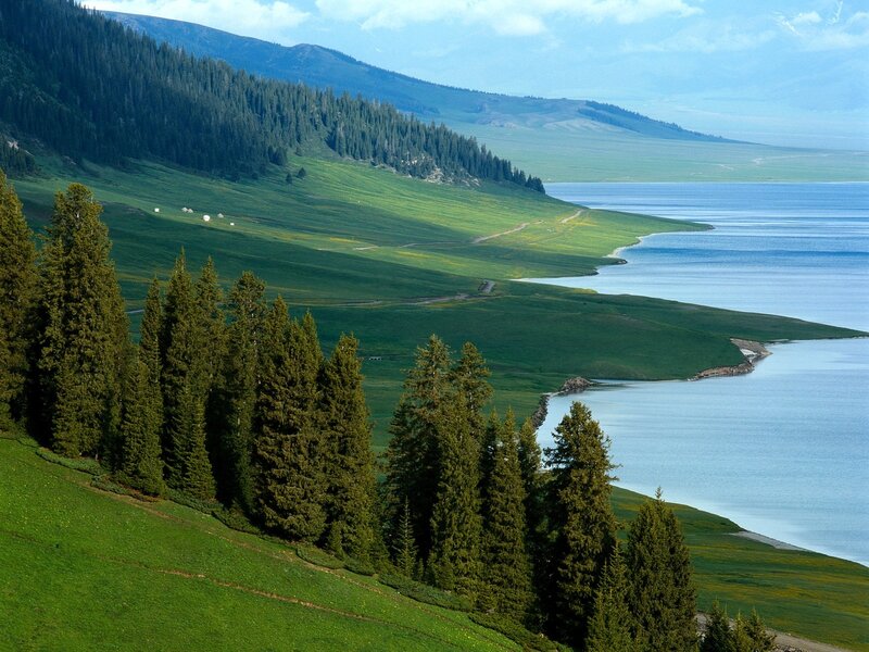 Green hills and blue lake landscape
