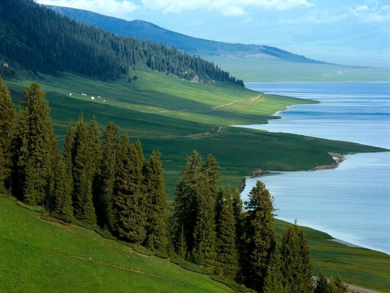 Green hills and blue lake landscape