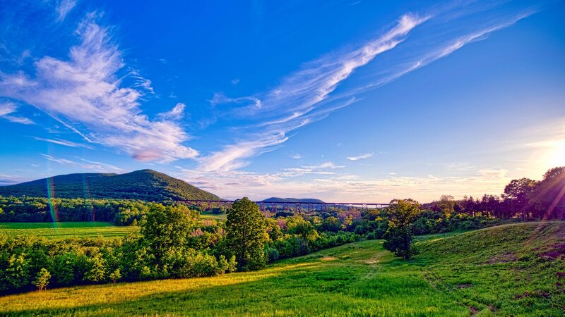 Green Hills and Bridge — Blue